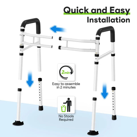Universal Adjustable Toilet Safety Rail Rock Solid Stand Alone Bathroom Assist Handle shown with height adjustment features.