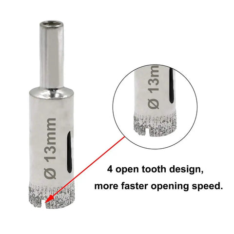 13mm diamond drill bit from 5-Piece Diamond Drill Bit Set for Glass Marble Ceramic and Granite, nickel-plated, open-tooth design detail