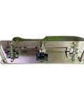 Rock Solid Knife Jig For Belt Grinder Sharpening With Double Arm Grip And Rust Proof Stainless Steel Build, top view showing alignment features.