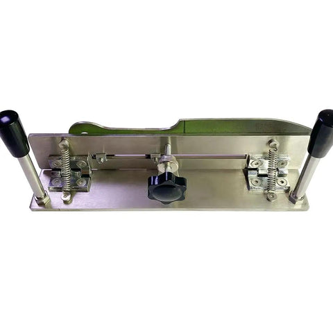 Rock Solid Knife Jig For Belt Grinder Sharpening With Double Arm Grip And Rust Proof Stainless Steel Build, top view showing alignment features.
