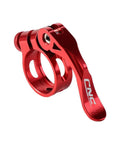 Red aluminum seat post clamp with quick release lever for mountain bikes, 31.8mm diameter, CNC-made, durable and lightweight design.