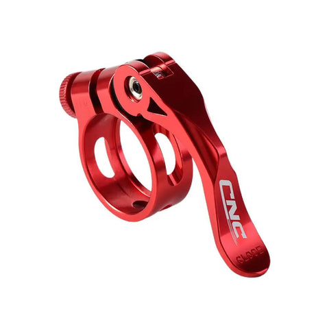 Red aluminum seat post clamp with quick release lever for mountain bikes, 31.8mm diameter, CNC-made, durable and lightweight design.