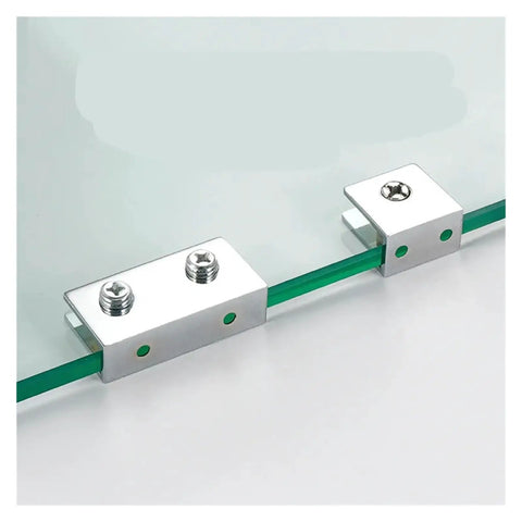 Close-up of 16 Piece Cabinet Shelf Clips Zinc Alloy Glass Clamp Holders on glass shelf