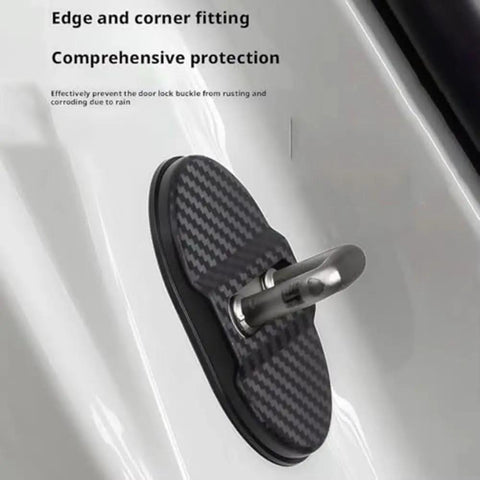 Top Shelf Carbon Fiber Door Lock Covers For Tesla Cybertruck attached to door lock, providing weather protection and noise reduction.