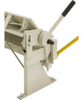 Close-up of the Heavy Duty 48 Inch Pan And Box Brake with Removable Steel Fingers, showing handle and mechanism.