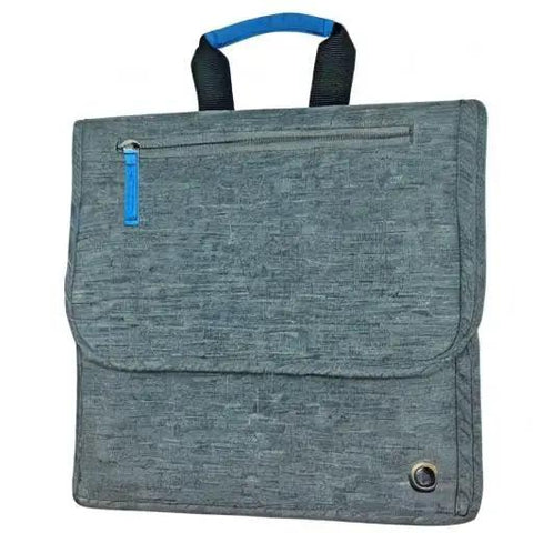 The Low Key Essential Airplane Seat Back Organizer Expands Over Tray Tables To Keep Your Commuter Carry On Gear Crisp And Stress Free During Every Seamless Flight journey, gray fabric with blue handle.
