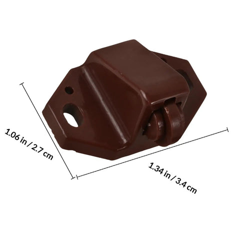 Close-up of a brown plastic latch from 20 Pack Plastic Ball Catch Latches For Cabinets And Cupboards, showing dimensions and design.
