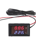 2-in-1 car thermometer and voltmeter with square LED display; red voltage readout, blue temperature readout, 12-24V.