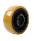 Industrial Grade Polyurethane Auxiliary Wheel For Forklift Stacker Balance Rollers With All Day Traction And Built Tough Reliability For Warehouse Rigs 125Mm Pu side view of yellow 125mm PU wheel for stacker use.