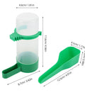 No Mess 4 Pack Automatic Bird Water Feeder And Food Dispenser Clip On Cage Hydration Kit For Parrots Parakeets Cockatiels Budgies, green plastic scoop and bottle.