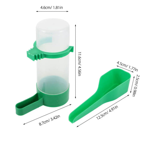 No Mess 4 Pack Automatic Bird Water Feeder And Food Dispenser Clip On Cage Hydration Kit For Parrots Parakeets Cockatiels Budgies, green plastic scoop and bottle.