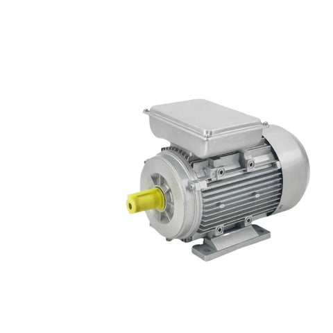 Heavy Duty Single Phase Asynchronous Electric Motor Featuring Rugged Aluminum Casing 0.75 Kilowatt 1400 RPM with yellow shaft.