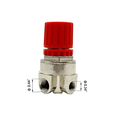 Pressure Regulator AB-9051114 Replacement for Air Compressor Systems, shown with red dial and metal body, dimensions 0.44" x 0.34".