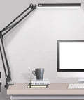 Swing Arm Desk Lamp With Clamp Dimmable Eye Care Desk Light Memory Function Three Color Modes Ten Brightness Levels Ideal For Home Office Study And Reading Adjustable Metal Arm Thick Clamp Modern Table Lamp on office desk setup