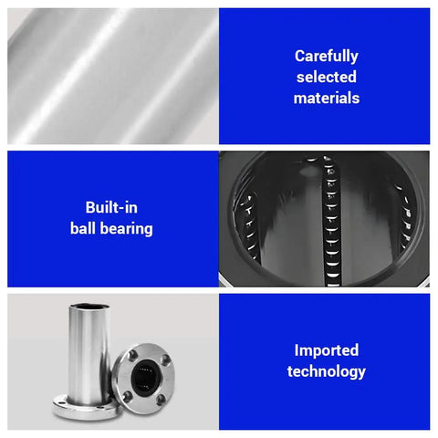 Badass LMF16LUU Long Round Flange Linear Ball Bearings Delivering Ridiculously Smooth Motion With 16mm Bore And 28mm OD Measuring 70mm In Length Featuring Rock Solid Double Side Rubber Seals For CNC Workflows close-up of the bearing and flange.