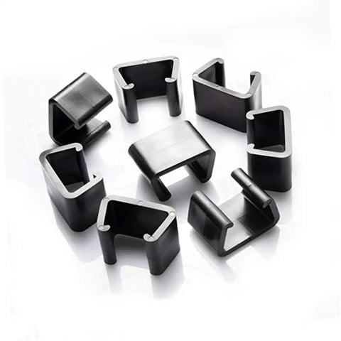 10 Pack Garden Furniture Clips For Wicker And Rattan Chairs arranged in a circle, showing black plastic clips for securing outdoor furniture connections.