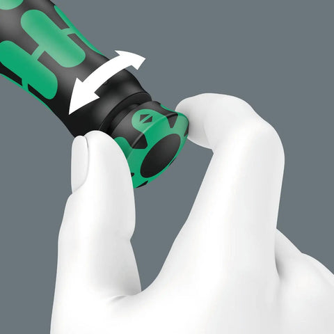 Close-up of hand adjusting Built For Pros Pro Grade Click Torque C3 One Half Inch Drive Torque Wrench with green and black handle.