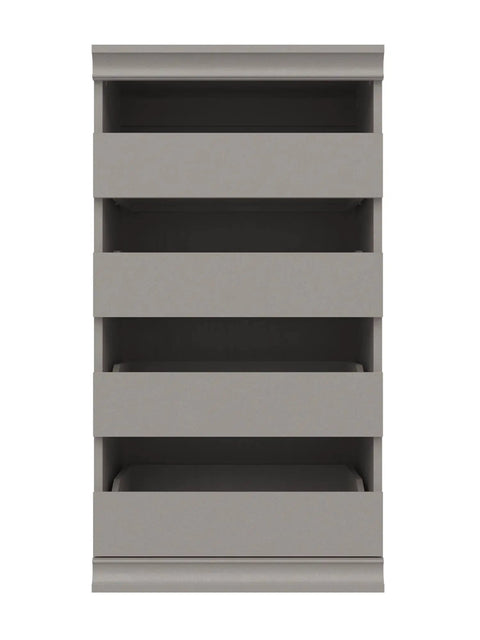 Super Slick Modular Closet Storage Organizer With Four Stackable Drawers In Taupe Decked Out With Decorative Trim And A Solid Back Panel For A Gotta Have Organized Space Vibe That Stays Tight And Totally Hassle Free