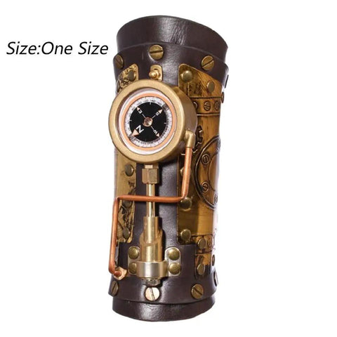Badass Steampunk Arm Sleeve Cosplay Anime Accessory Featuring Mechanical Compass Prop Leather Gear Designed For Women role playing costume, displaying brass compass on forearm guard.