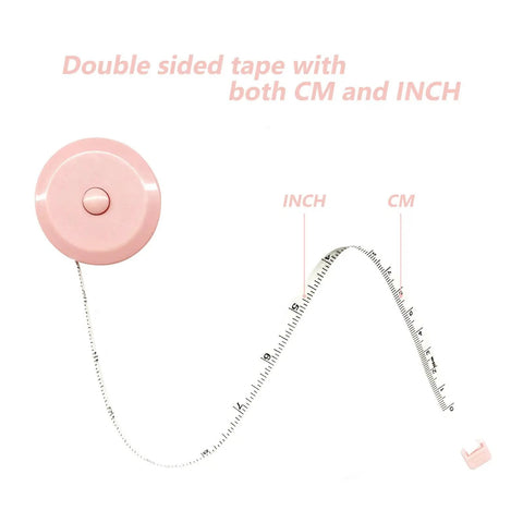 Image of a pink retractable measuring tape, dual-scale in inches and centimeters. Part of 3 Pack Retractable Tape Measures For Sewing Tailoring Crafting And Body Measurements, 60 Inch 150 Cm Go To Tool With Push Button, Double Scale Rulers, Flexible Fiberglass Tape For Precise Inches And Centimeters.