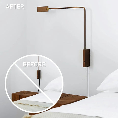 Comparison of tidy and messy cable using White Flat Elbow Cord Cover For Walls, Cord Mate Style Cable Organizer For One Cord, 90 Degree Corner Channel.