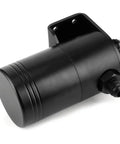 Yukofe Universal Air Oil Separator Catch Can, Black Stainless Steel Construction. Side view with fittings.