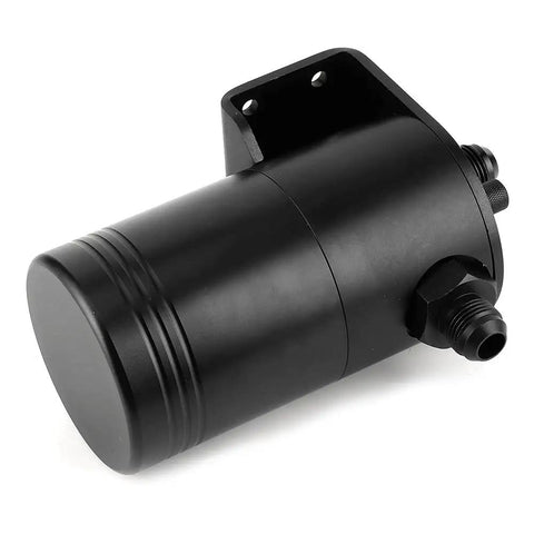 Yukofe Universal Air Oil Separator Catch Can, Black Stainless Steel Construction. Side view with fittings.