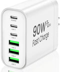 The Real Deal 90W GaN USB C Wall Charger Featuring Six Slick Ports With Rapid PD Fast Charging Designed To Juice Laptops Phones Tablets With Zero Sweat For Home Or Travel White, close-up view showing ports.