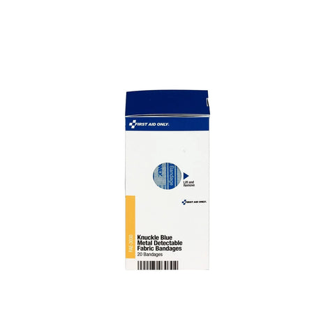 First Aid Only knuckle bandage refill box, blue metal-detectable fabric bandages, 20 bandages.