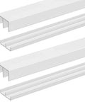Two Pack Heavy Duty Four Foot Long Plastic Sliding Cabinet Door Track Hardware Sets For Half Inch Thick Panels Includes Upper And Lower Tracks For Sliding Closet Doors And Glass Window Cabinets Easy Quick Installation showing upper and lower white PVC tracks.