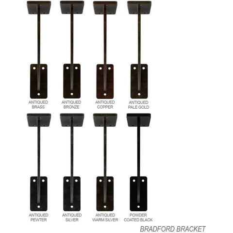 Collection of Bradford Shelf Brackets in various finishes including Antiqued Brass, Bronze, Copper, and Powder Coated Black.