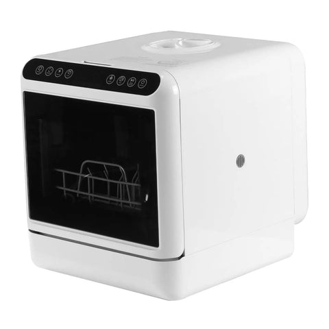 Countertop Dishwasher Portable Automatic No Plumbing Required For Apartments Renters High Temp Cycle Sanitizes Loads Easy Setup visible from side angle.