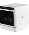 No Sweat Portable Countertop Dishwasher With Built In 6L Tank, compact white unit with control panel and transparent door.