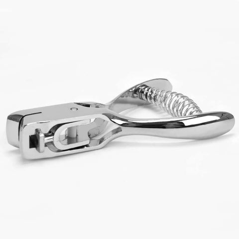 Tough As Nails Heavy Duty Handheld Hole Punch for ID cards, PVC, shown in zinc alloy with oval slot design, sharp blade edge, spring action.