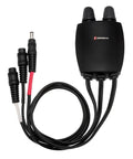 12V Portable Dual Zone Temp Controller For Heated Gear, Easy To Use Interface, Lets You Dial In Separate Heat Zones, Works With All Generations Of 12V Heated Clothing, Sleek Black device with cables