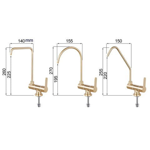YHdtUO Filter Brushed Gold Drinking Faucet Only Cold Water Stainless Steel Kitchen Faucets-A，C-A，C-A showing three designs with measurements.