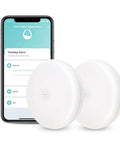 Smart Water Leak Detector 2 Pack With WiFi Alerts And 75 DB Alarm For Instant App Notifications Battery Included Easy Wire Free Design For Bathroom Kitchen Basement Laundry Room next to smartphone showing app interface