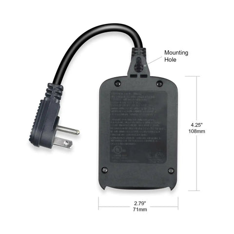 Rock Solid Outdoor Light Timer Featuring Built In Photocell Dusk To Dawn Sensor, back view with electrical plug and dimensions.
