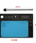 Naturally Rock Solid Microscope Stand With Tight Grip Stainless Steel Bracket And Beefy Aluminum Alloy Phone Repair Workpad Black Pro Level Tech Rig Platform with blue repair mat, 41.5x29cm size.