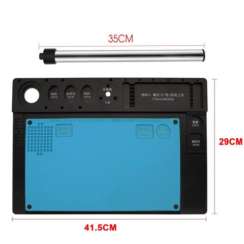 Naturally Rock Solid Microscope Stand With Tight Grip Stainless Steel Bracket And Beefy Aluminum Alloy Phone Repair Workpad Black Pro Level Tech Rig Platform with blue repair mat, 41.5x29cm size.