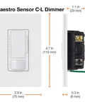 Maestro LED Plus Motion Sensor Dimmer Switch for LED Lighting, dimensions and side view, white, front and side profiles