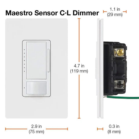 Maestro LED Plus Motion Sensor Dimmer Switch for LED Lighting, dimensions and side view, white, front and side profiles