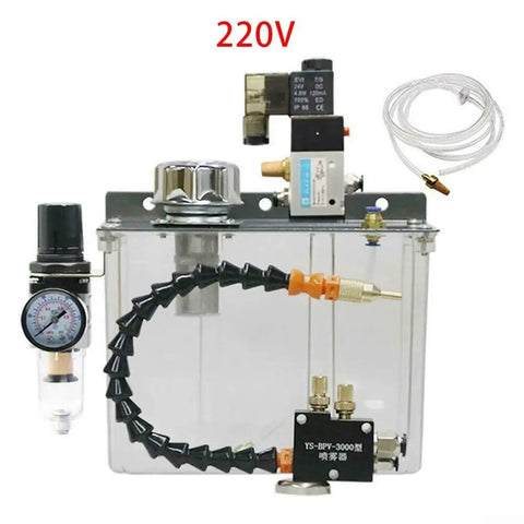 Heavy Duty 3 Liter Coolant Pump And Oil Mist Sprayer For Cnc Metalworking Ops With Flexible Shaft Solenoid Valve Plus Adjustable Pressure Regulator, showing components and setup.