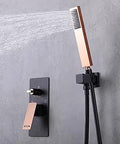 Heavy Duty Wall Mounted Shower System With 10 Inch Square Rainfall Head And Smooth Handheld Combo Set In Matte Black spout and control panel