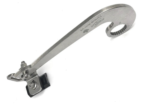 V6 Universal Ebike Torque Arm For Front And Rear Motors Fits 12mm 14mm And 16mm Axles Hardened Insert For Double Spinout Strength Frame Mounted With Hose Clamps Beefy Heavy Duty Stainless Steel Construction, stainless torque arm with frame clamp