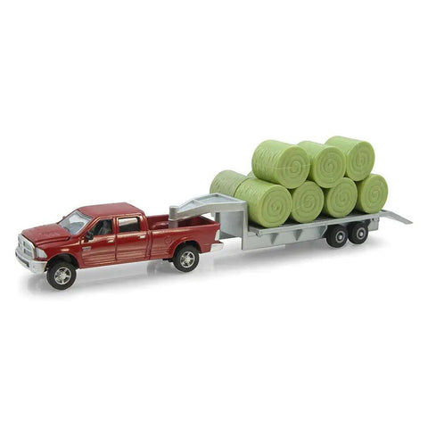Dodge Pickup With Diecast Trailer And Eleven Bales 1 To 64 Scale Toy Vehicle For Collectors And Kids Moving Wheels Die Cast Construction