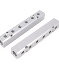 Two Pack Six Way Eight Port Air Compressor Manifold Block With One Quarter Inch NPT Output Ports And One Half Inch NPT Supply Port Heavy Duty Aluminum Alloy Air Distribution Block For Pneumatic Systems, shown in metallic finish.