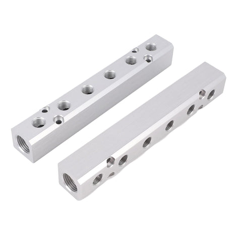 Two Pack Six Way Eight Port Air Compressor Manifold Block With One Quarter Inch NPT Output Ports And One Half Inch NPT Supply Port Heavy Duty Aluminum Alloy Air Distribution Block For Pneumatic Systems, shown in metallic finish.