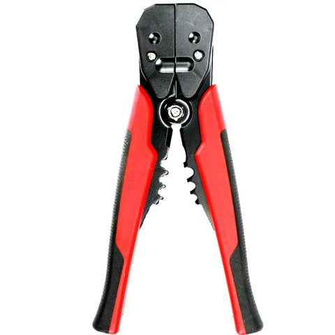 Front view of Automatic Self Adjusting 3 In 1 Wire Stripper Tool with Crimper and Wire Cutters, red and black handles.