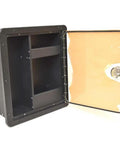 Built Dope Marine Boat Fire Extinguisher Storage Box in Matte Black, open view showcasing interior compartments and mounting features.